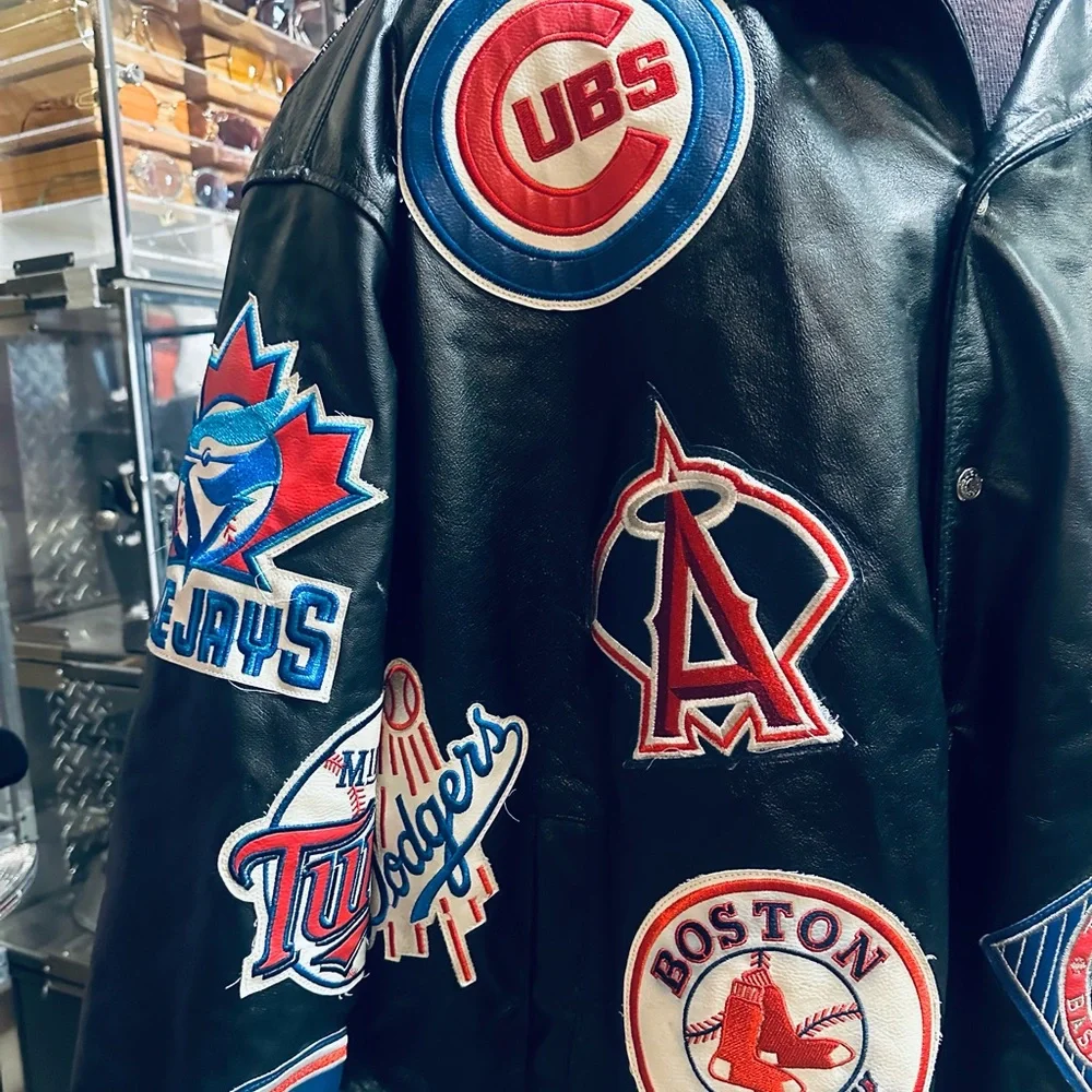 JH Design Vintage MLB Baseball Team All Over Patch Black Leather Jacket